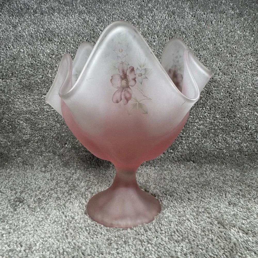 Viking Glass Ruffled Pedestal Bowl Pink Frosted Satin Floral Handkerchief Vase